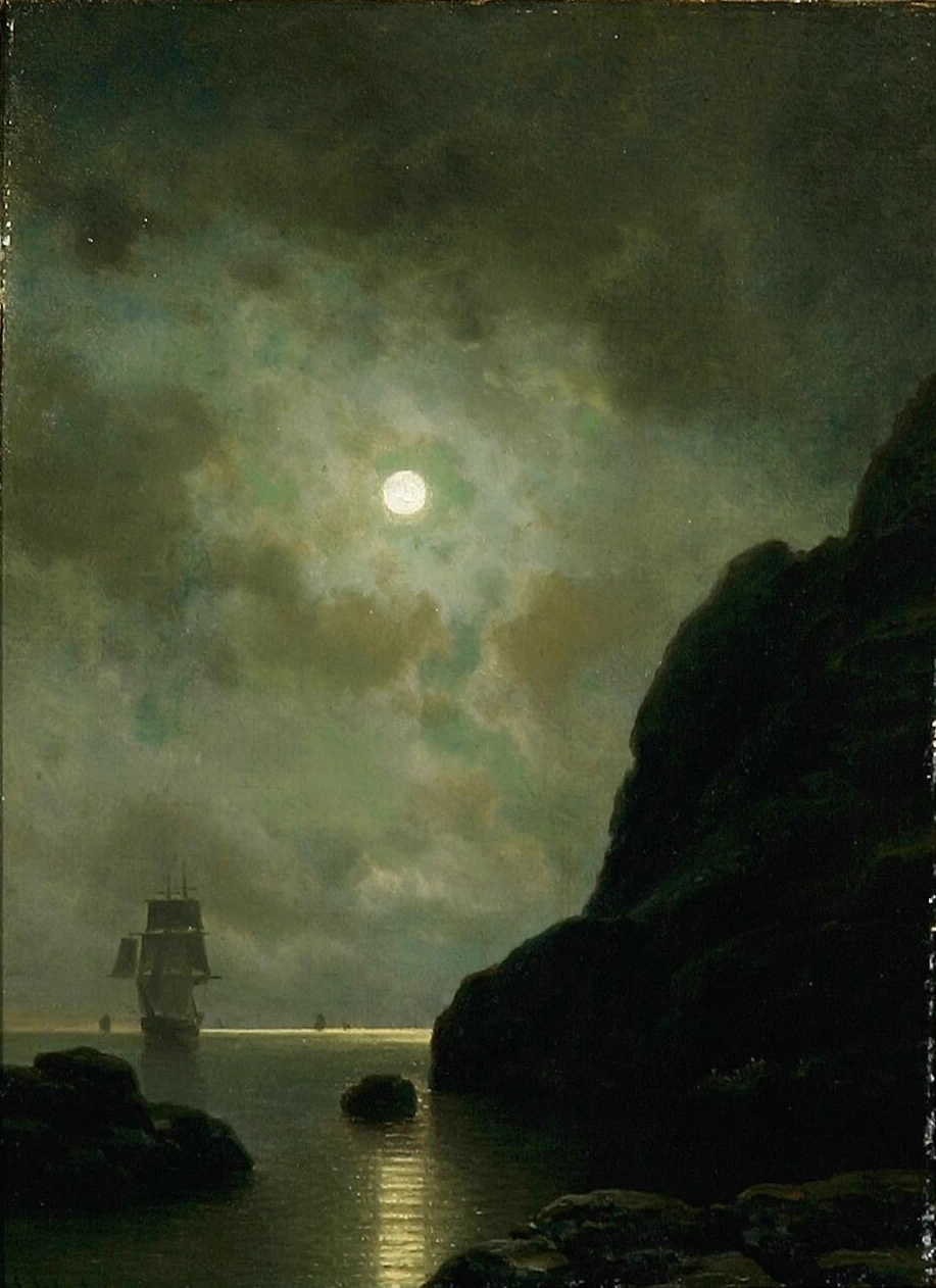 Nave a vela vicino ad alcune scogliere sotto la luna piena